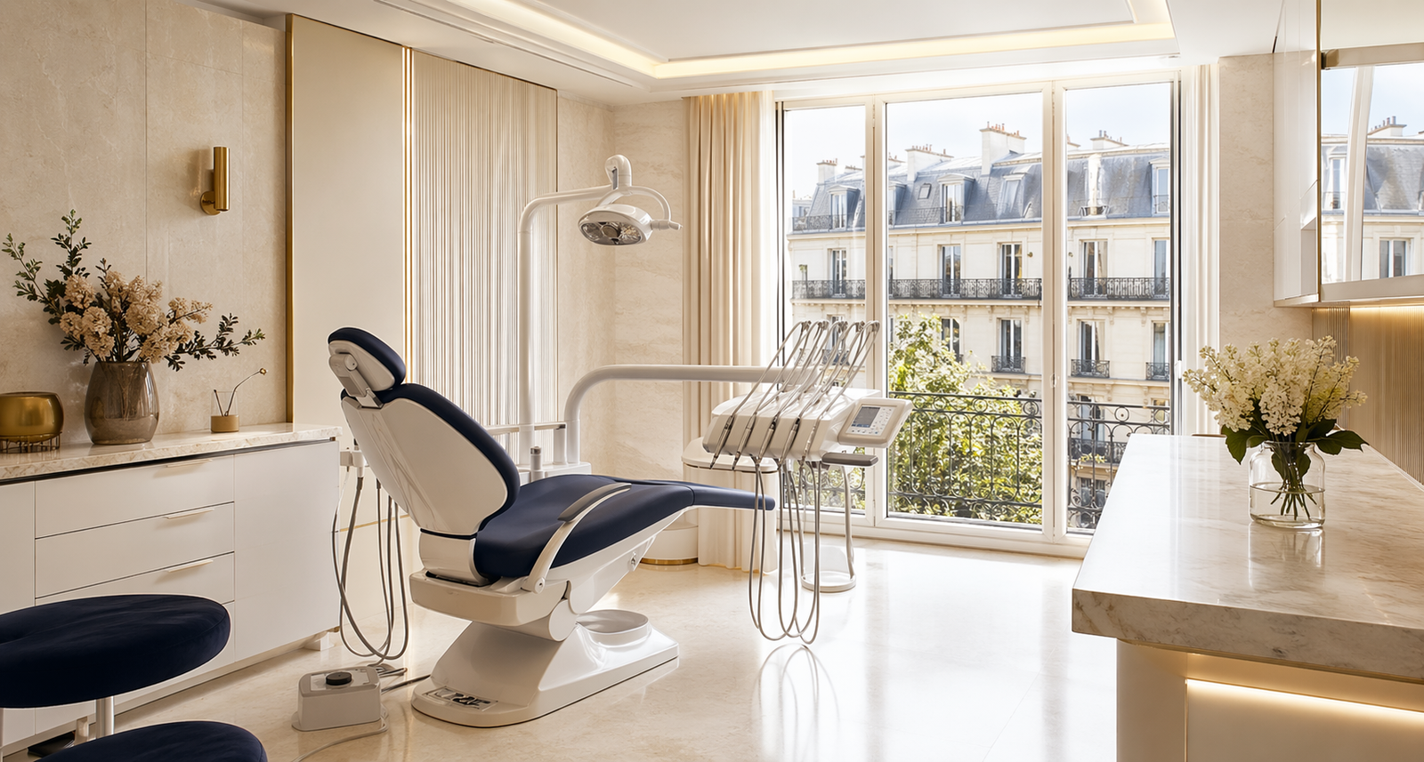 Interieur du cabinet d'implantologie avec fauteuil dentaire haut de gamme